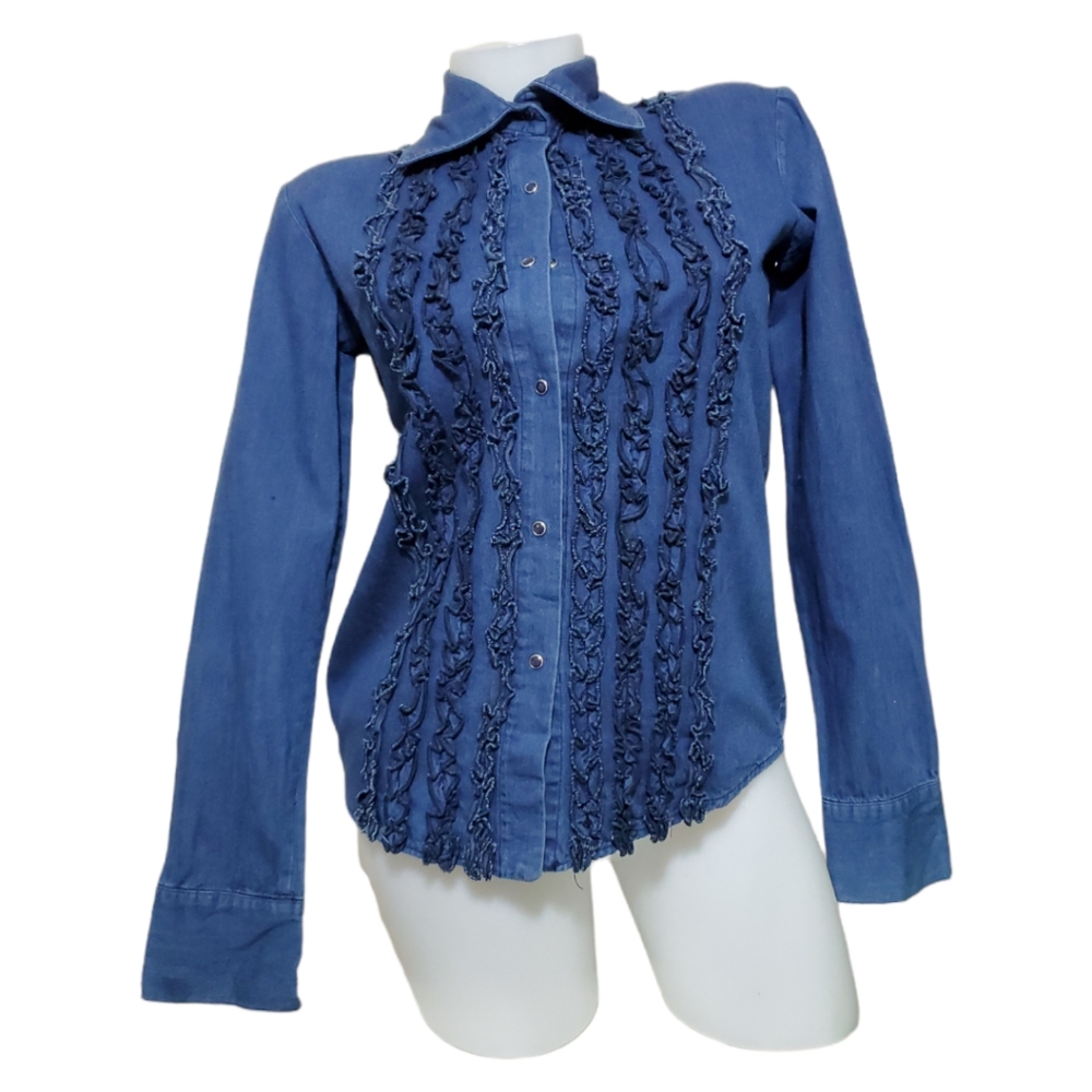 Alpelo Keen Women Ruffle Denim Jeans Shirt Size Small